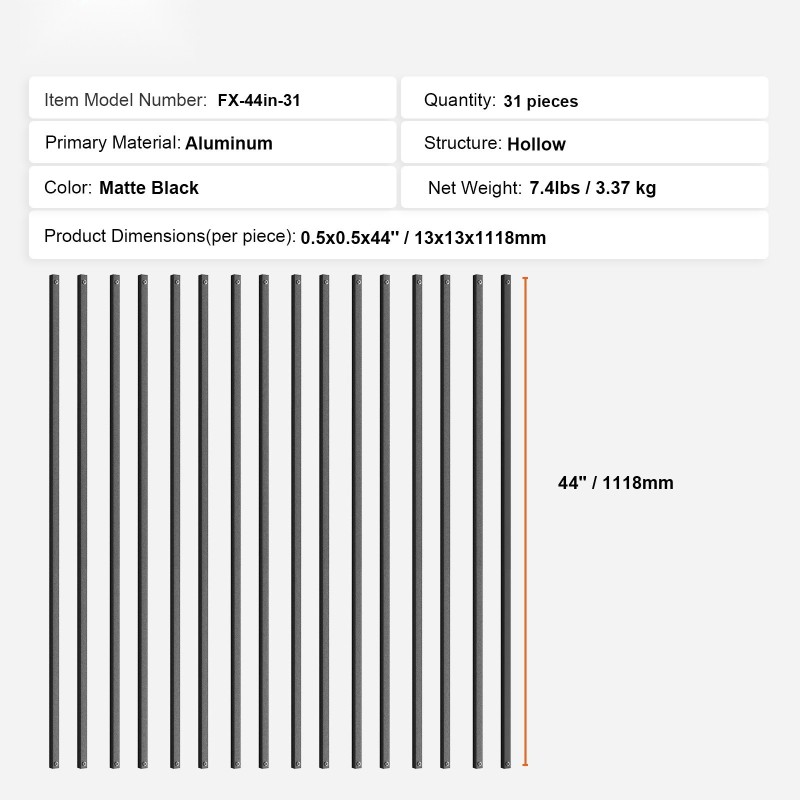 Kaidepinnat alumiiniseoksesta 13x13x1118 mm 31 kpl jauhemaalattu mattamusta