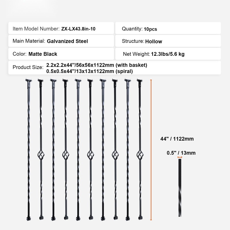 Galvanoidut teräskaidetangot 13x13x1122 mm ontto 10 kpl mattamusta portaikkoihin