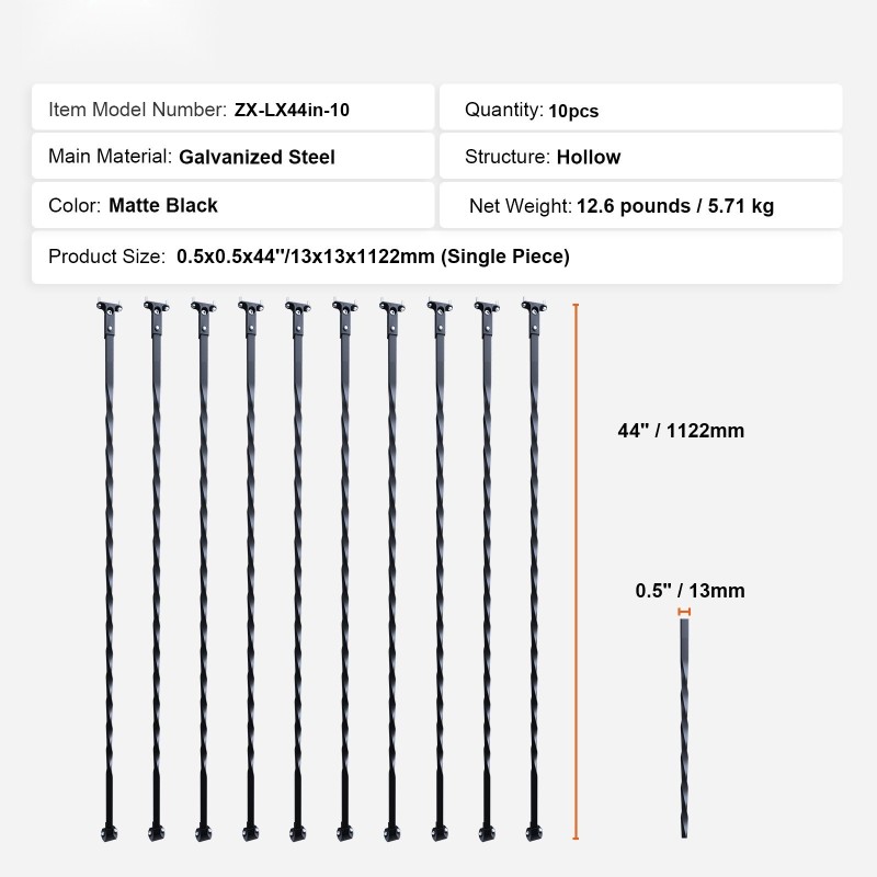 Balusteriputket galvanoitua terästä 112,2 cm 13x13 mm 10 kpl mattamusta sisäportaisiin