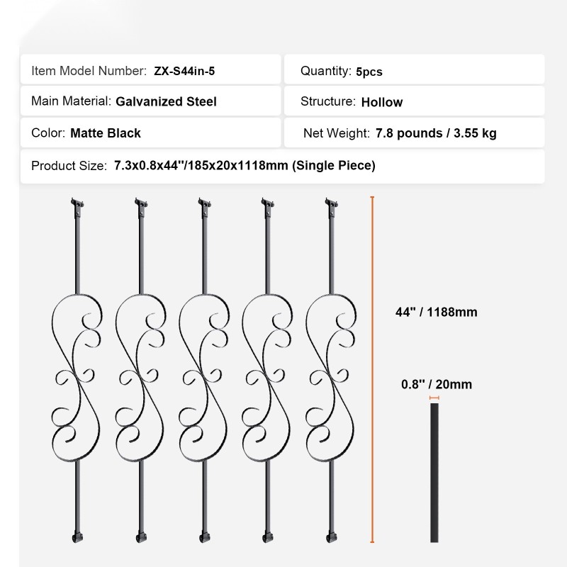 Kaidepylväät galvanoitua terästä 1118 mm 5 kpl mattamusta S-muotoiset