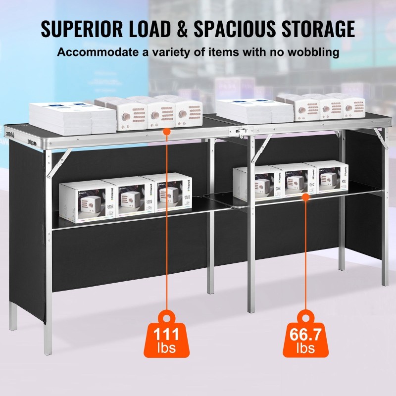 Taitettava messutiski alumiinirunkoinen MDF-levy kaksitasoinen 1980 x 385 x 880 mm