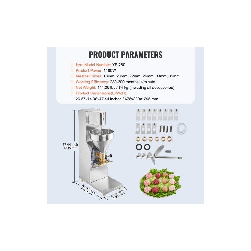 Sähköinen lihapullakone ruostumatonta terästä 1100W kuparimuotit 18–32 mm