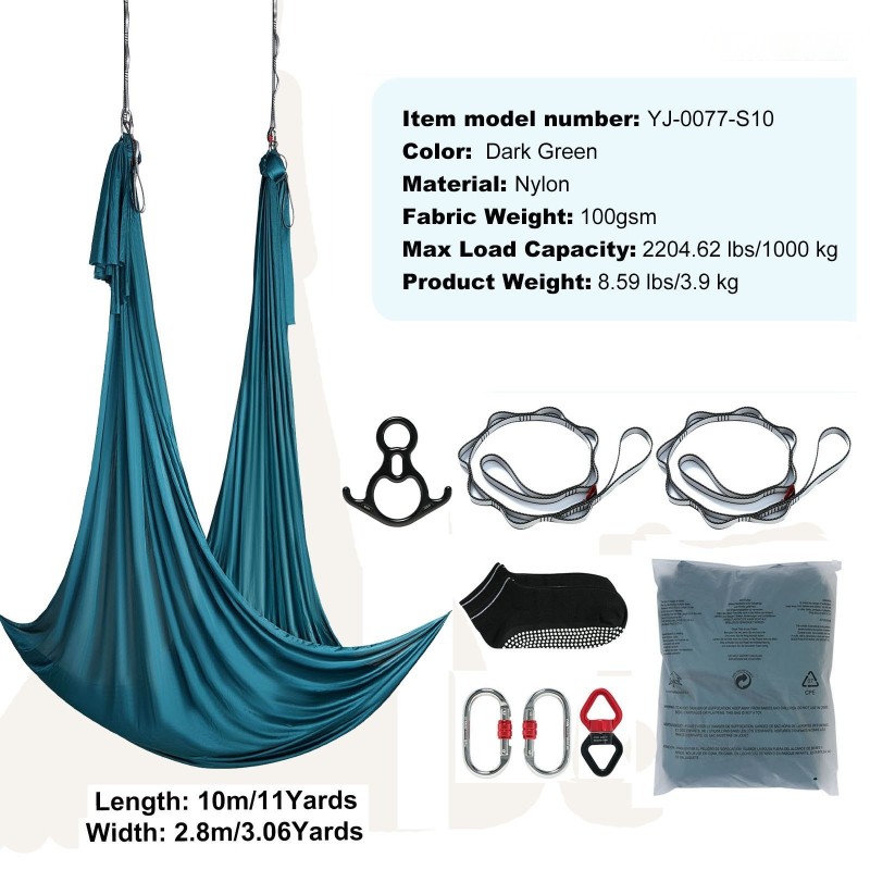 Ilmailujoogahuopa 100gsm nailonkangas 10 m x 2,8 m ripustussetillä vihreä