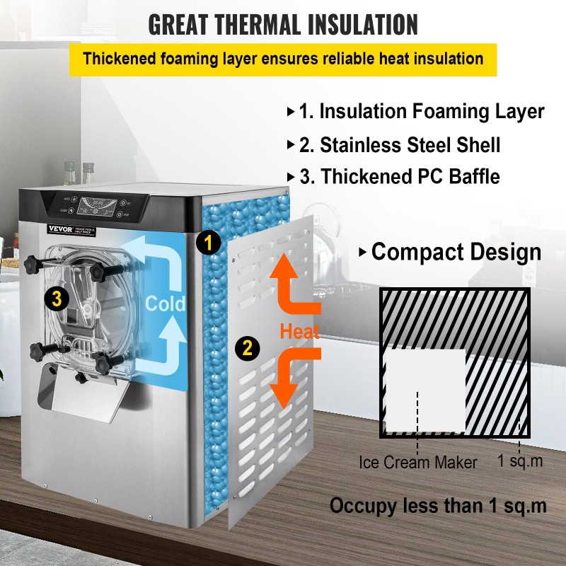 Pöytämallinen kovajäätelökone 304 ruostumatonta terästä 4,2 l sylinterillä 16–20 l tunnissa
