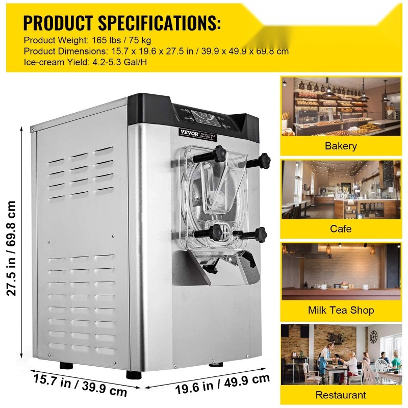 Pöytämallinen kovajäätelökone 304 ruostumatonta terästä 4,2 l sylinterillä 16–20 l tunnissa