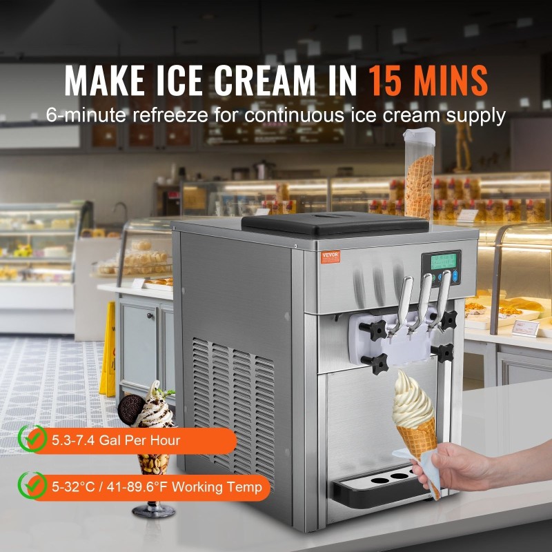 Pöytämallinen pehmytjäätelökone 1800W 20 l/tunnissa 2×4 l säiliöt ruostumaton teräs