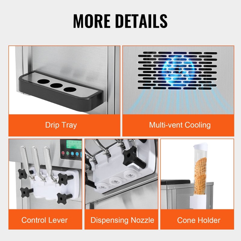 Pöytämallinen pehmytjäätelökone 1800W 20 l/tunnissa 2×4 l säiliöt ruostumaton teräs