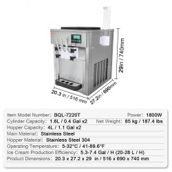 Pöytämallinen pehmytjäätelökone 1800W 20 l/tunnissa 2×4 l säiliöt ruostumaton teräs
