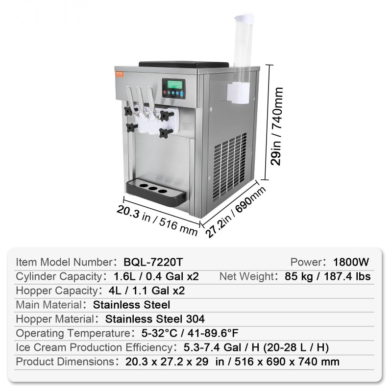 Pöytämallinen pehmytjäätelökone 1800W 20 l/tunnissa 2×4 l säiliöt ruostumaton teräs