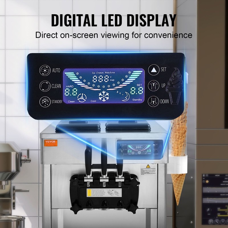 Pöytämallinen pehmytjäätelökone ruostumatonta terästä 2×5,5 l säiliöt 18–28 l tunnissa 1650 W