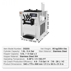 Pöytämallinen pehmytjäätelökone ruostumatonta terästä 2×5,5 l säiliöt 18–28 l tunnissa 1650 W