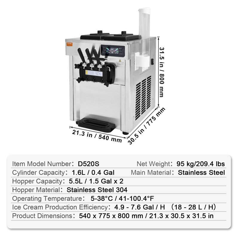 Pöytämallinen pehmytjäätelökone ruostumatonta terästä 2×5,5 l säiliöt 18–28 l tunnissa 1650 W