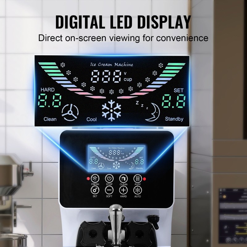 Pöytämallinen pehmytjäätelökone ammattilaiskäyttöön 10L/h 900W 4L säiliö 1.6L sylinteri ruostumaton teräs