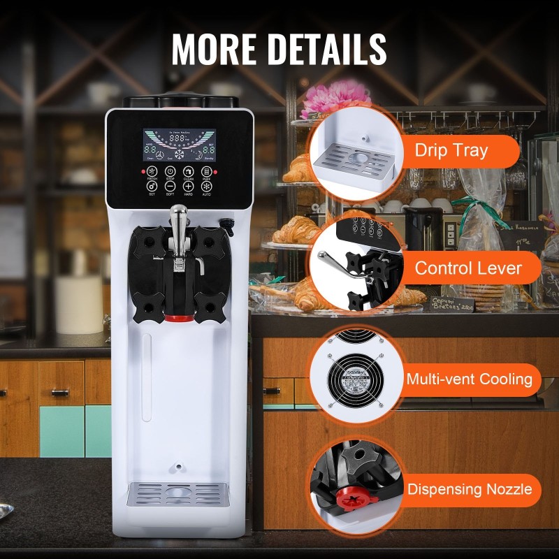 Pöytämallinen pehmytjäätelökone ammattilaiskäyttöön 10L/h 900W 4L säiliö 1.6L sylinteri ruostumaton teräs