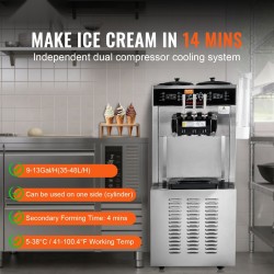 Pehmytjäätelökone ammattikäyttöön kaksi yhdeksän litran ruostumatonta terässäiliötä 34–44 litraa tunnissa