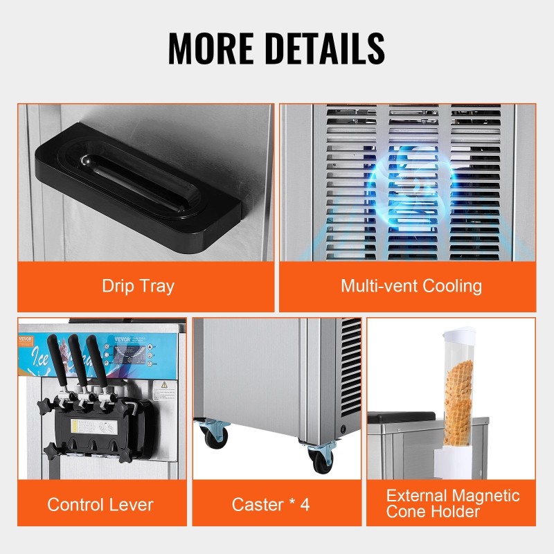 Lattiamallinen ruostumattomasta teräksestä pehmytjäätelökone 21–31 litraa/tunnissa 1500 wattia 2 kpl 5,5 l