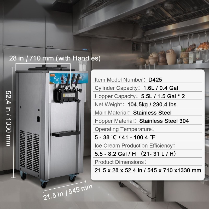 Lattiamallinen ruostumattomasta teräksestä pehmytjäätelökone 21–31 litraa/tunnissa 1500 wattia 2 kpl 5,5 l