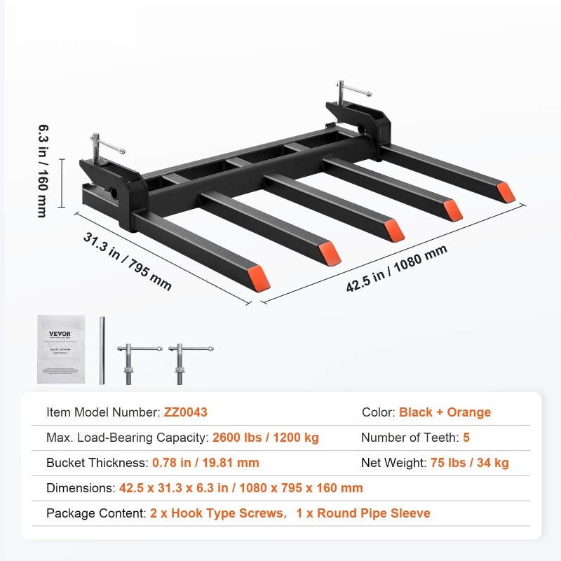 Puristettavat roskahaarukat 48 tuuman kauhaan Q235 seosteräs 1200 kg