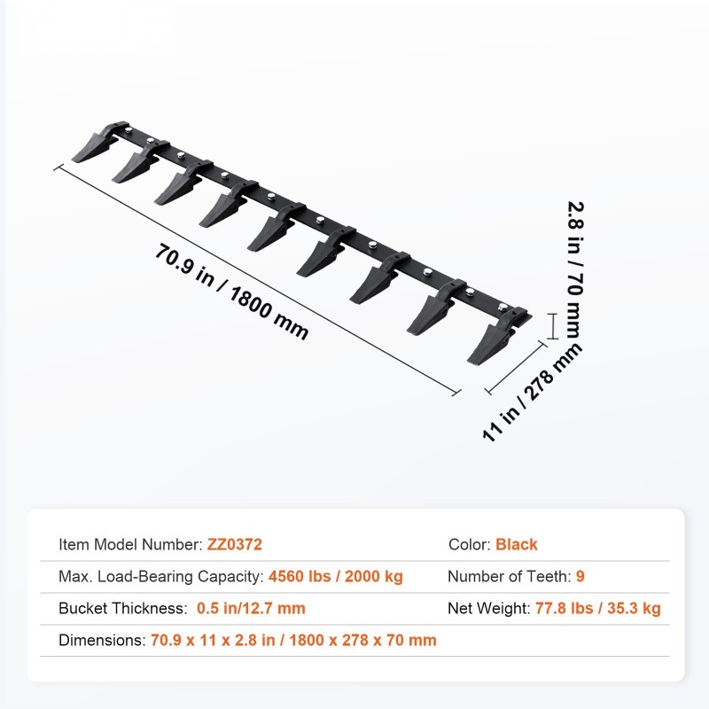 Kauhan hammastanko Q345-seosteräs 1800 mm 9 hammasta 2000 kg kuormitus