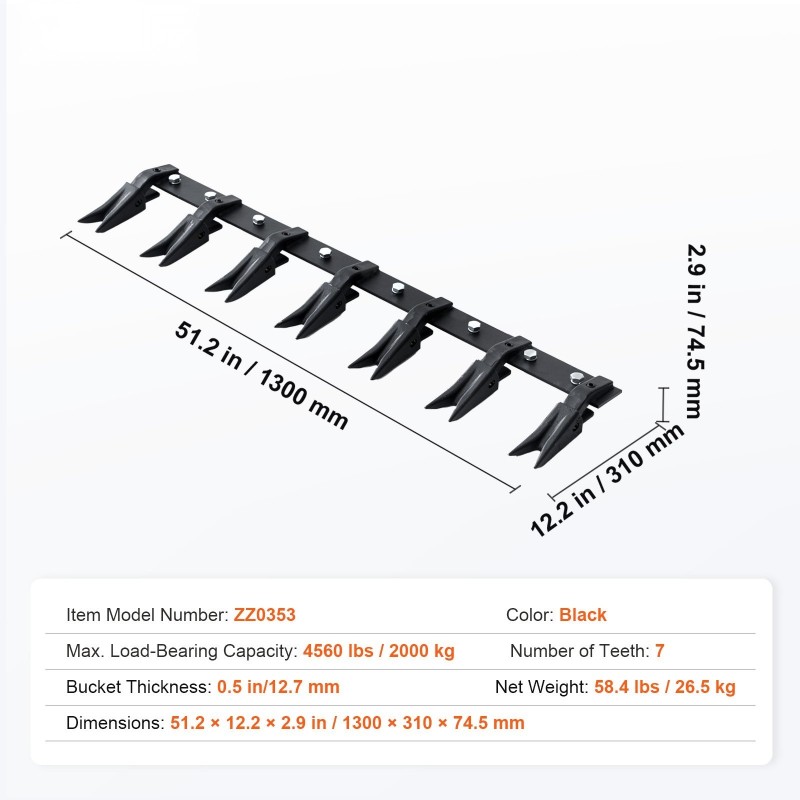 Hammastanko 1300 mm Q345-seosteräs 7 hammasta 2000 kg kantavuus traktorin kauhaan