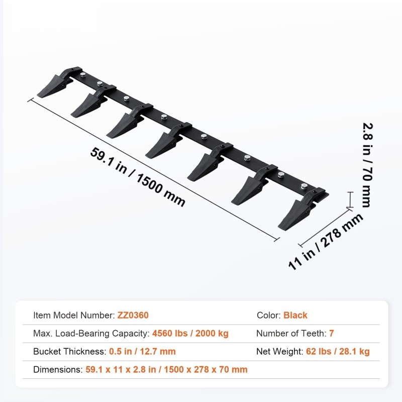 Kauhan hammastanko Q345-seosteräs 1500 mm 7 hammasta 2000 kg pulttikiristettävä