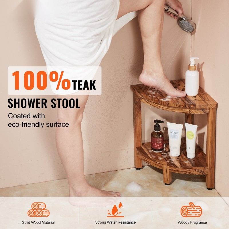 Kulmasuihkupenkki sata prosenttia massiivista teak-puuta seitsemäntoista tuumaa korkea alahylly