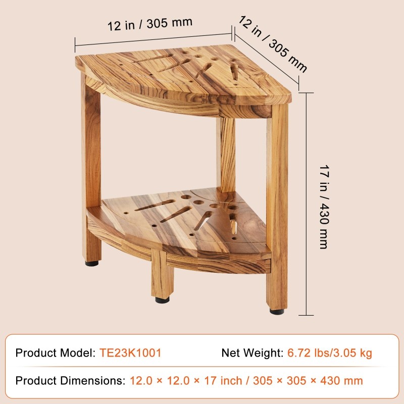 Kulmasuihkupenkki sata prosenttia massiivista teak-puuta seitsemäntoista tuumaa korkea alahylly
