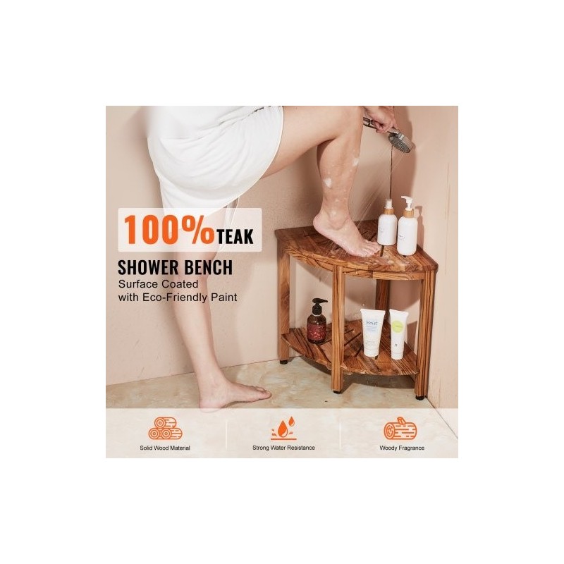 Tiikkinen kulmasuihkupenkki säilytyshylly korkeus 47 cm kantavuus 226 kg sisä ja ulkokäyttöön