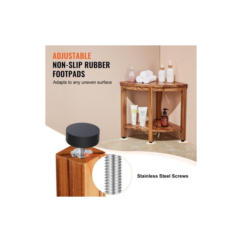 Tiikkinen kulmasuihkupenkki säilytyshylly korkeus 47 cm kantavuus 226 kg sisä ja ulkokäyttöön