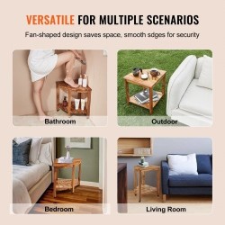 Tiikkinen kulmasuihkupenkki säilytyshylly korkeus 47 cm kantavuus 226 kg sisä ja ulkokäyttöön