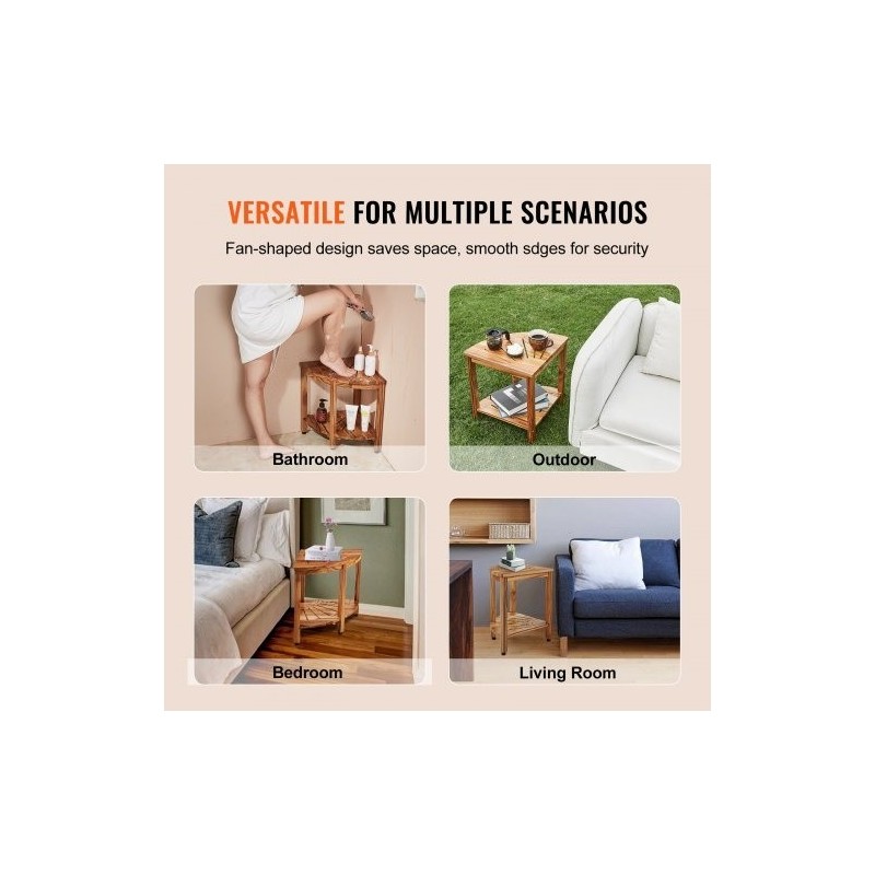 Tiikkinen kulmasuihkupenkki säilytyshylly korkeus 47 cm kantavuus 226 kg sisä ja ulkokäyttöön