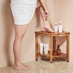 Tiikkinen kulmasuihkupenkki säilytyshylly korkeus 47 cm kantavuus 226 kg sisä ja ulkokäyttöön