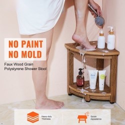 Kulmamallinen suihkupenkki puukuviollista polystyreeniä 430 mm korkea ja vesitiivis säilytyshyllyllä