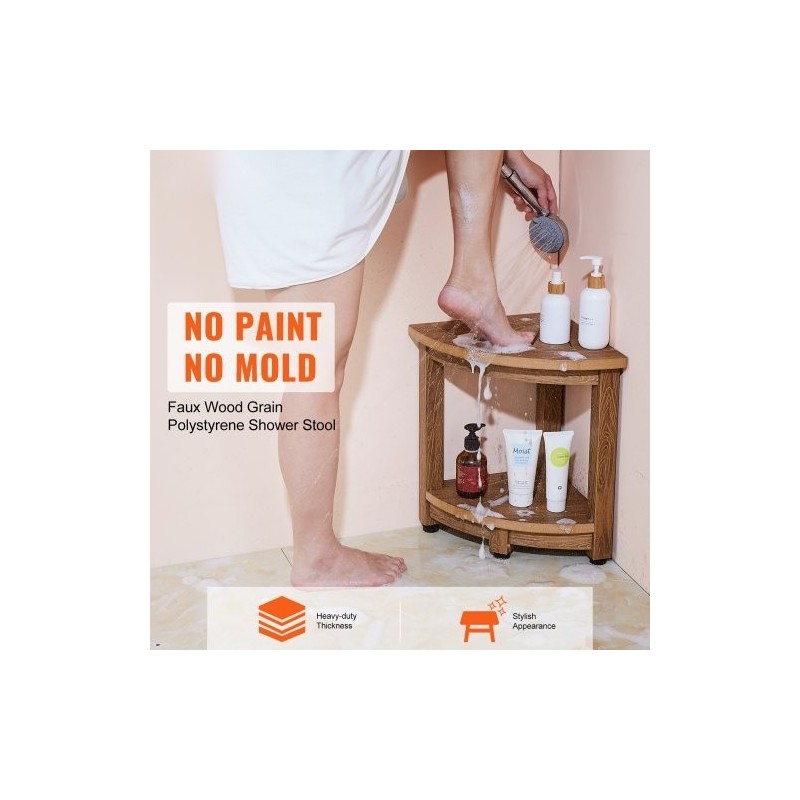 Kulmamallinen suihkupenkki puukuviollista polystyreeniä 430 mm korkea ja vesitiivis säilytyshyllyllä