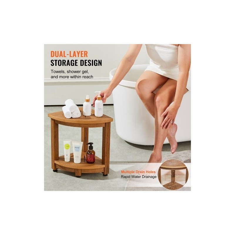 Kulmamallinen suihkupenkki puukuviollista polystyreeniä 430 mm korkea ja vesitiivis säilytyshyllyllä