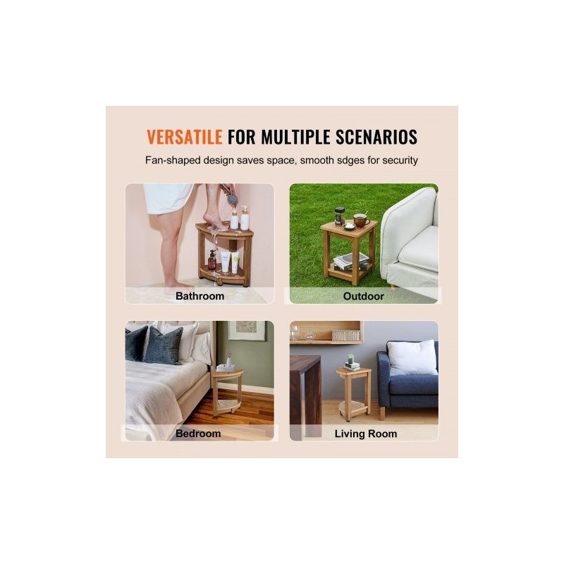 Kulmamallinen suihkupenkki puukuviollista polystyreeniä 430 mm korkea ja vesitiivis säilytyshyllyllä