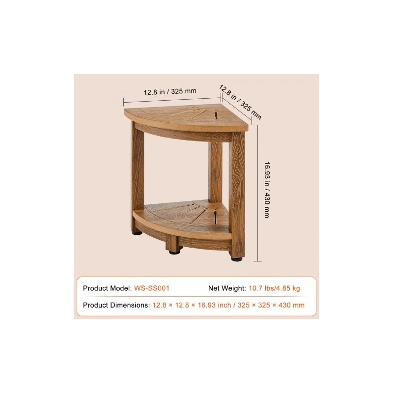 Kulmamallinen suihkupenkki puukuviollista polystyreeniä 430 mm korkea ja vesitiivis säilytyshyllyllä