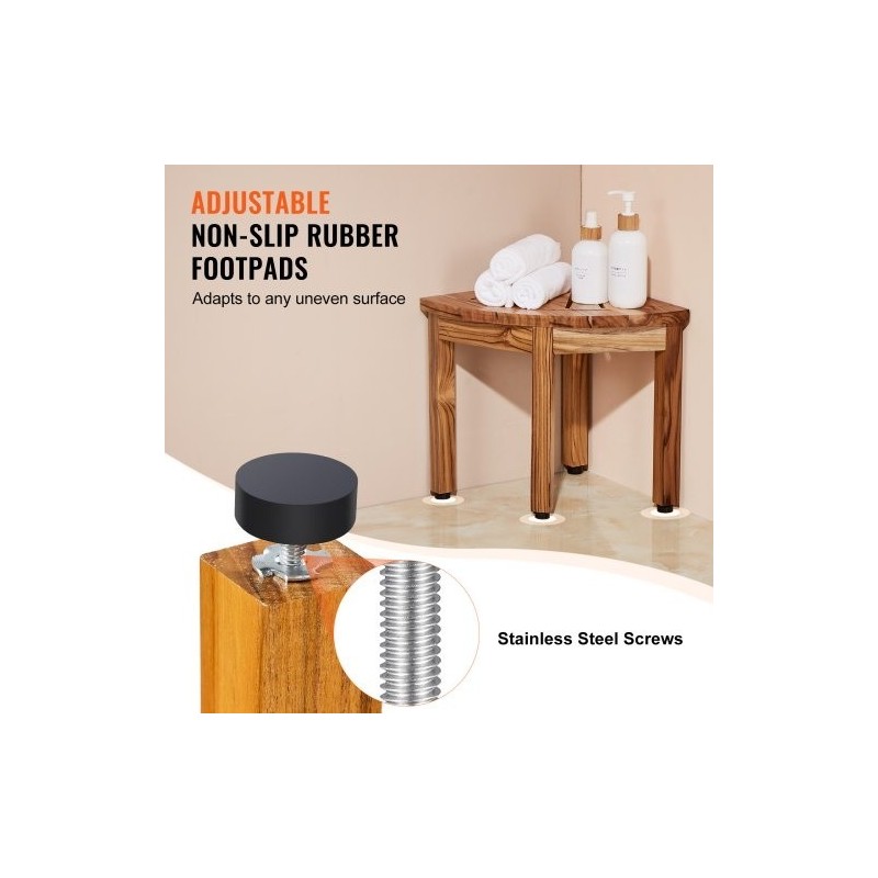 Teak-puinen kulmasuihkupenkki 316 mm korkea 136 kg kantavuus alahylly sisä- ja ulkokäyttöön