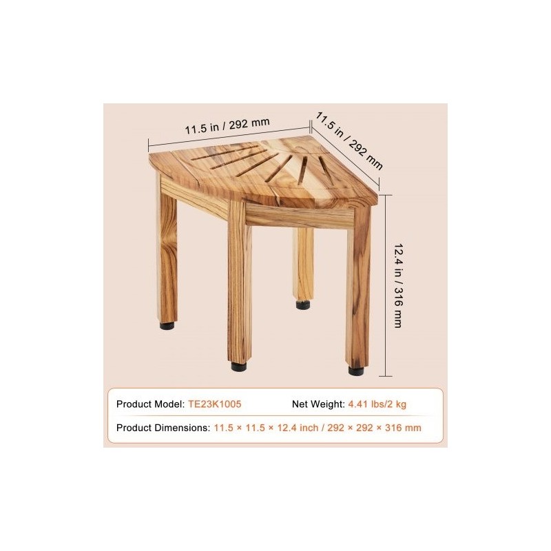 Teak-puinen kulmasuihkupenkki 316 mm korkea 136 kg kantavuus alahylly sisä- ja ulkokäyttöön