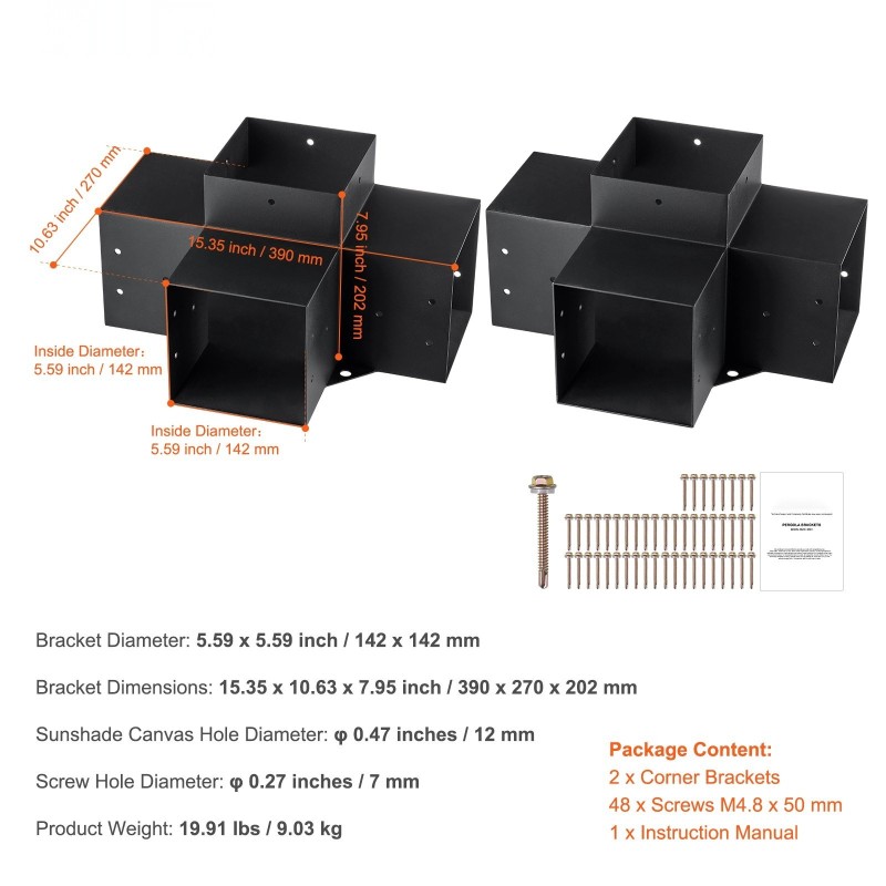 Pergolakulmaraudat nelisuuntaiset hiiliteräksestä 6x6 tuumaa sisämitat 5,6x5,6 2 kpl ulkokäyttöön