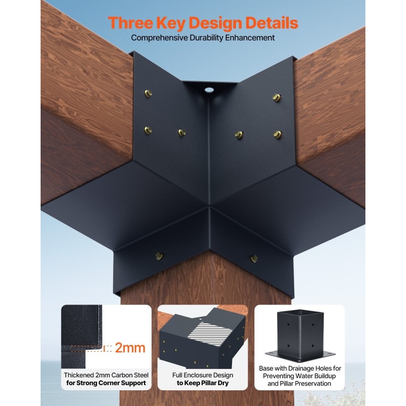 Pergolakiinnikesarja hiiliteräs sisämitat 9,1 x 9,1 cm 4 kulmarautaa 4 jalustaa