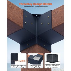 Pergola-kulmakannattimet hiiliteräksiset 3-suuntaiset 142 x 142 mm 8 kpl puupalkkeihin