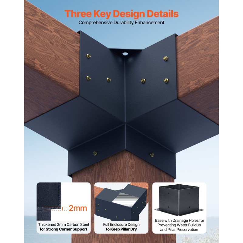 Pergola-kulmakannattimet hiiliteräksiset 3-suuntaiset 142 x 142 mm 8 kpl puupalkkeihin