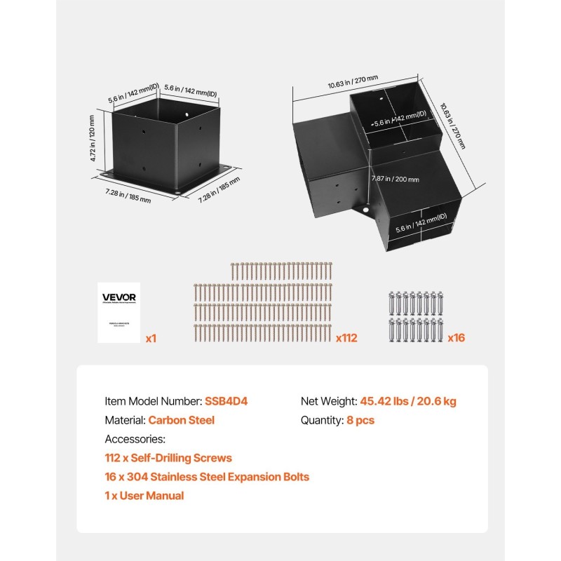 Pergola-kulmakannattimet hiiliteräksiset 3-suuntaiset 142 x 142 mm 8 kpl puupalkkeihin