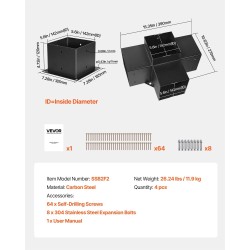 Nelisuuntainen hiiliteräs kulmakiinnikesarja sisämitat 142 x 142 mm 4 kpl pergolaan