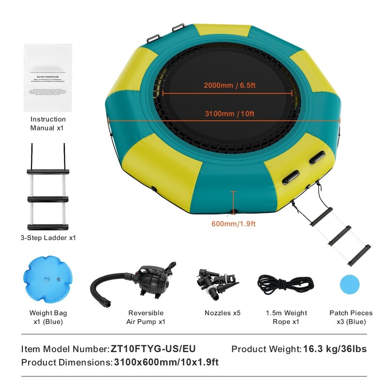 Puhallettava vesitrampoliini 3,1 m paksu PVC-kangas 3-portainen tikas 600 W ilmapumppu