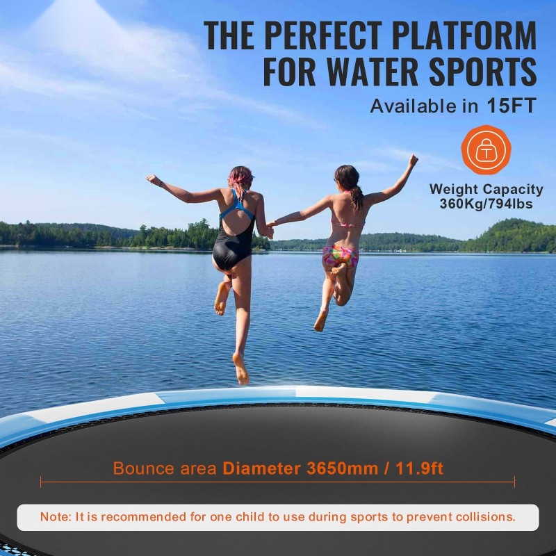 Kelluva vesitrampoliini 4,7 m paksu PVC-kangas 600 W ilmapumpulla kolmiaskeliset tikkaat