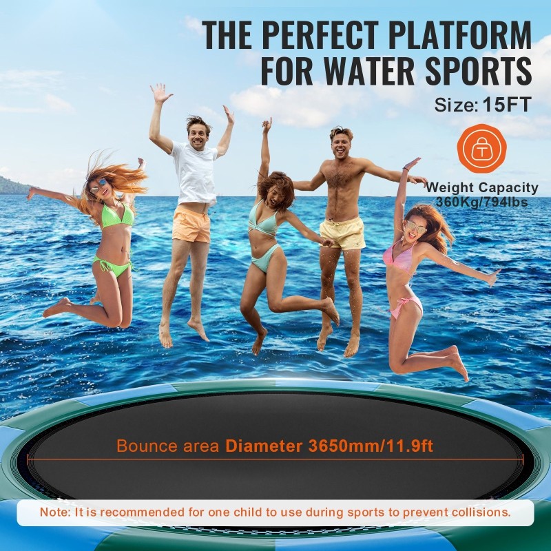 Ilmatäytteinen vesitrampoliini 4,7 m paksu PVC-kangas 3-portaiset tikkaat 600W sähköpumppu