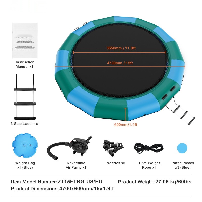 Ilmatäytteinen vesitrampoliini 4,7 m paksu PVC-kangas 3-portaiset tikkaat 600W sähköpumppu