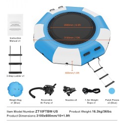 Ilmatäytteinen vesitrampoliini 10 jalan paksu PVC-kangas sisältää 3-portaiset tikkaat ja sähköilmapumpun